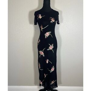 Vtg 90s Cache Dress Black Knit Sheer XS Embroidered Floral Bodycon Whimsigoth